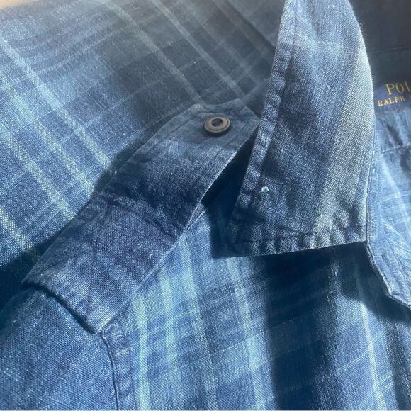 Polo Ralph Lauren Indigo Dyed Blue Plaid Linen Tie Front Sarong Shirt Dress - Picture 9 of 16